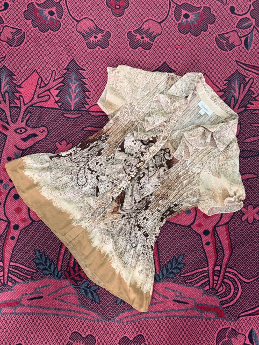 dressbarn Beige & Brown Paisley Ruffled Blouse
